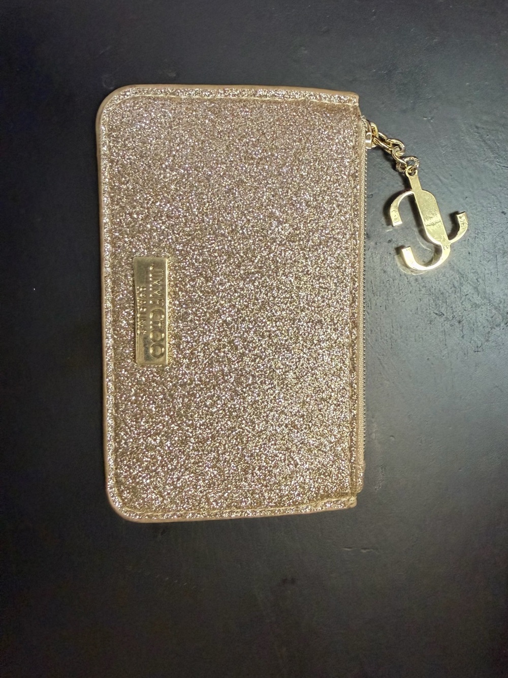 Jimmy Choo Metallic Rose Gold Glitter Zip Phone Wallet